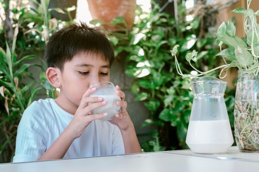 Cute Asian boy in a white T-shirt is drinking a glass of milk.