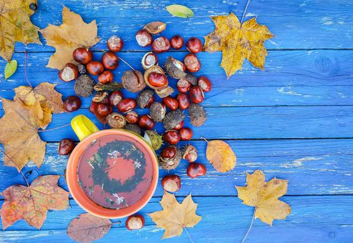 Yellow ceramic cup of herbal tea and vintage vinyl records on aged wooden background with fall autumn leaves and chestnuts.