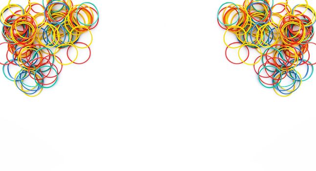 Bright colorful rubber bands on white. Symmetrical background.