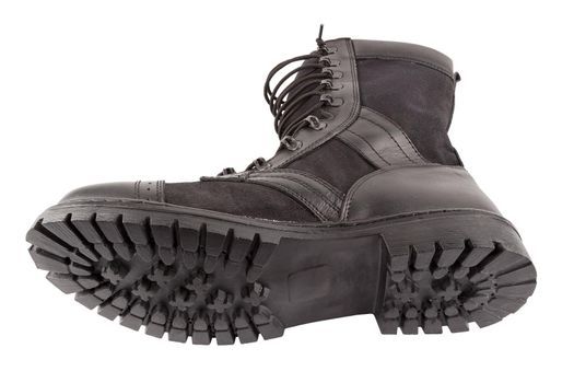 new black summertime lightweight military boot with nylon parts isolated on white background.