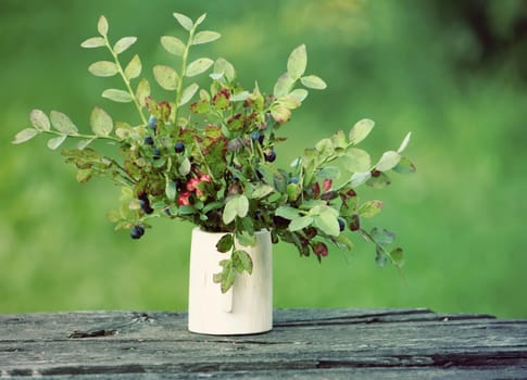 Bouquet of blueberry branches in a wooden vase