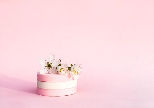 Cosmetic sponges and cherry tree branch with spring flowers on pink pastel paper background.