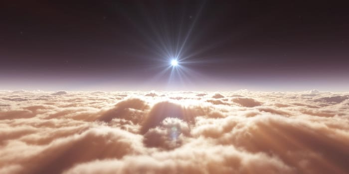 dream fly above clouds ray light, 3d rendering illustration