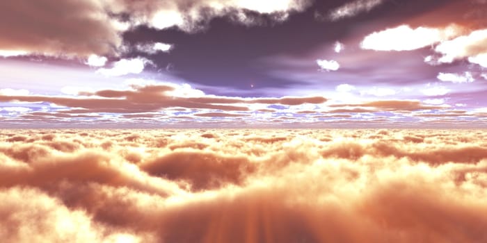 above clouds fly sunset sun ray illustration, 3d render