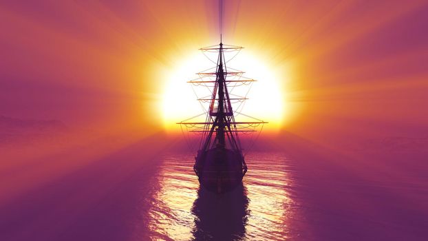 old ship sunset at sea illustration 3d rendering