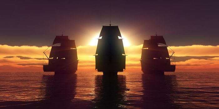 old three ships sunset at sea, 3d rendering illustration