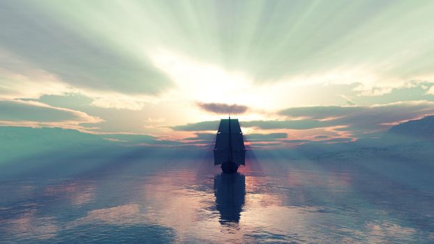 old ship at sea sunset, 3d render illustration