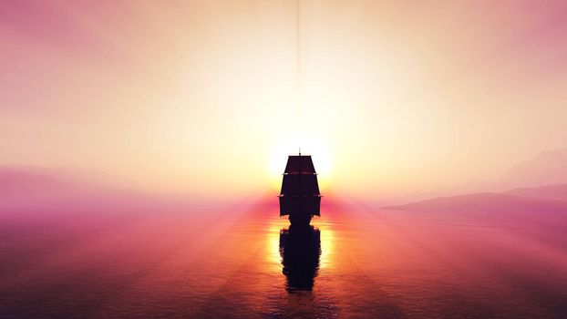 old ship at sea sunset, 3d render illustration