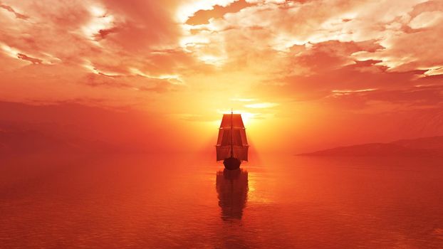 old ship at sea sunset, 3d render illustration
