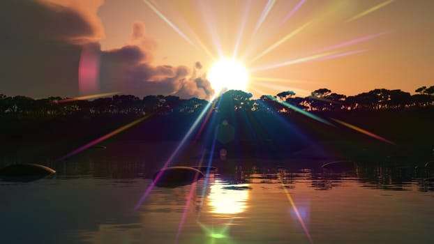 Beautiful sunset over the tropical lagoon, illustration 3d rendering