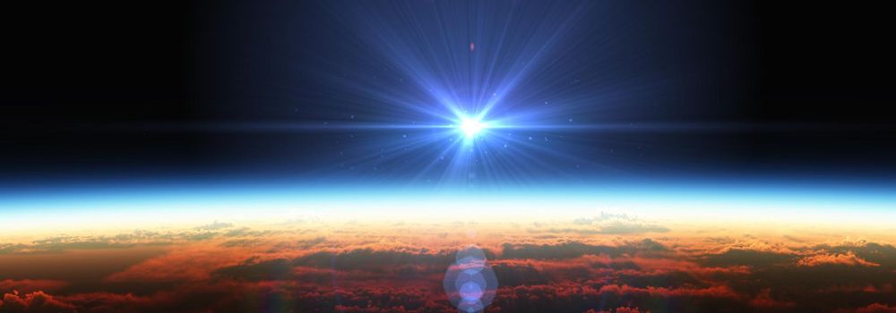 Earth sunrise from space over cloudy ocean. 3d rendering illustration