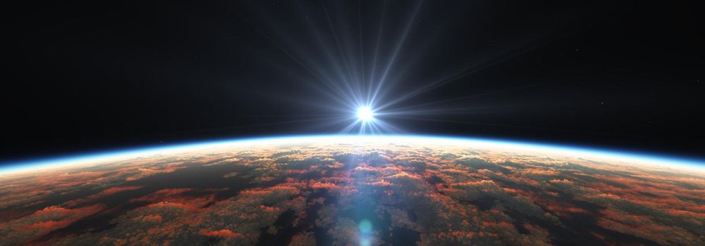 Earth sunrise from space over cloudy ocean. 3d rendering illustration