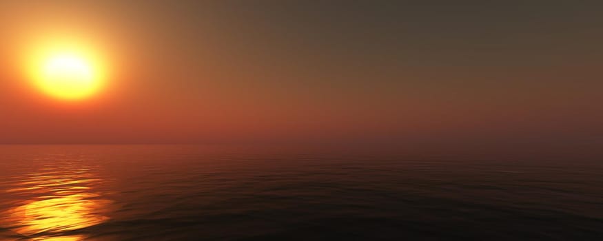 sunset sea sun ray clear sky, 3d rendering illustration