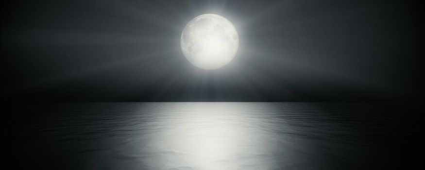full moon in the sky background reflection in the sea ocean water. 3D render illustration