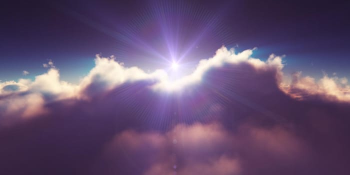 above clouds sunrise sun ray illustration, 3d rendering