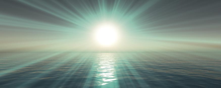 sunset sea sun ray clear sky, 3d rendering illustration