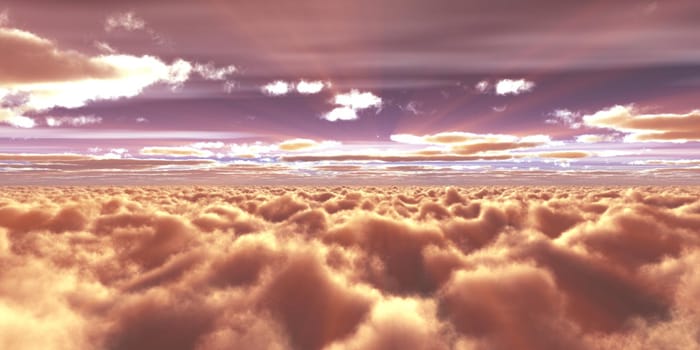 above clouds fly sunset sun ray illustration, 3d render