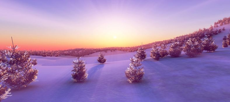 above winter forest mountain sunset 3D rendering illustration