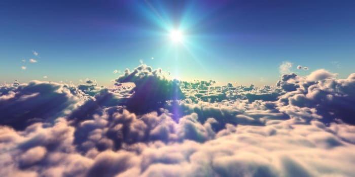 fly above clouds sunset landscape, 3d render illustration