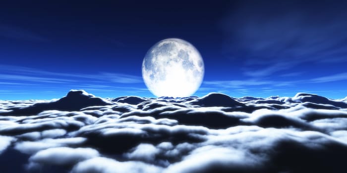 above clouds full moon illustration, 3d rendering