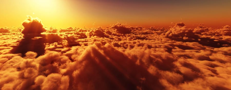 above clouds fly sunset sun ray illustration, 3d render