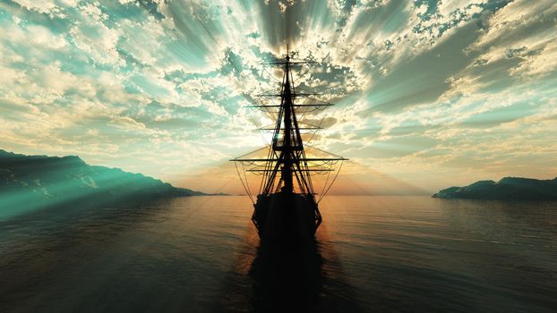 old ship sunset at sea illustration 3d rendering