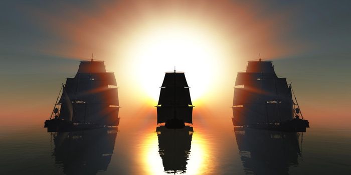 old three ships sunset at sea, 3d rendering illustration