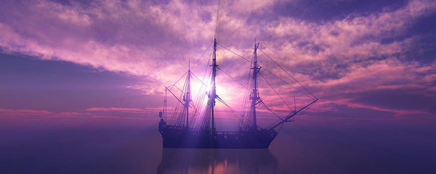 old ship sunset at sea 3d rendering illustration