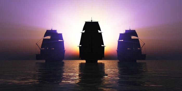 old three ships sunset at sea, 3d rendering illustration