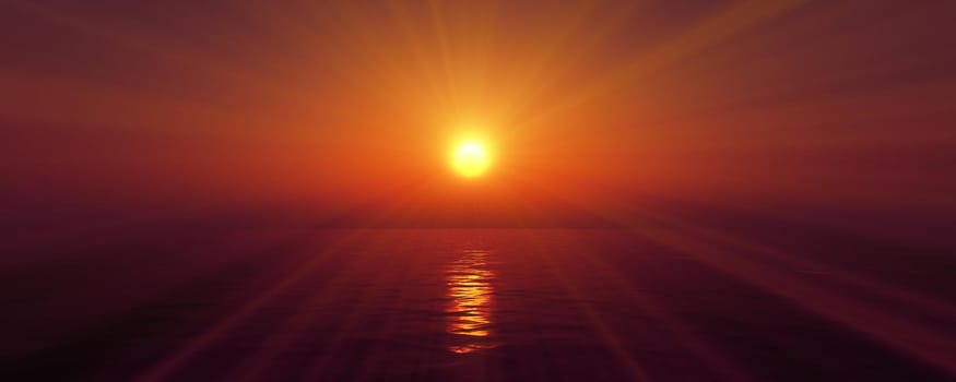 sunset sea sun ray clear sky, 3d rendering illustration