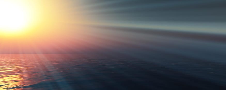 sunset sea sun ray clear sky, 3d rendering illustration