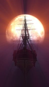 old ship in sea full moon illustration 3d rendering