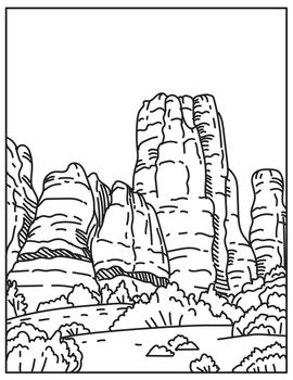 Mono line illustration of the Needles in the southeast corner of Canyonlands National Park in Utah, United States of America done in retro black and white monoline line art style.