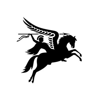 Military badge illustration of Parachute Regiment Airborne Forces showing an English or British knight or warrior riding a winged horse or Pegasus with a lance or spear in black and white retro style.