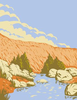 WPA poster art of Badger Springs Canyon and the Agua Fria River located in Agua Fria National Monument in Arizona United States done in works project administration style or federal art project style.