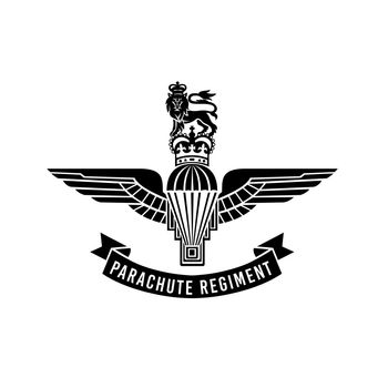 Military badge illustration of Parachute Regiment insignia with parachute with wings, royal crown and lion worn by paratroopers in the British Armed Forces done in black and white retro style.