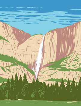 WPA poster art of Yosemite Falls, the highest waterfall in Yosemite National Park located in the Sierra Nevada of California done in works project administration style or federal art project style.
