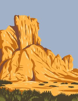 WPA poster art of narrow faulted mountain chains and flat arid valleys or basins within Basin and Range National Monument in Lincoln and Nye county, Nevada, USA in works project administration style.