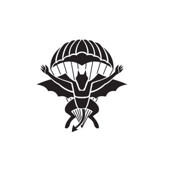 Military badge illustration of Red Devils Parachute Regiment Free Fall Team showing a demon, devil or bat with parachute jumping front view on isolated white background in black and white retro style.