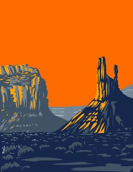 WPA poster art of mesas, buttes and towers in Valley of the Gods formerly part of Bears Ears National Monument located north of Monument Valley near Bluff, Utah in works project administration style.