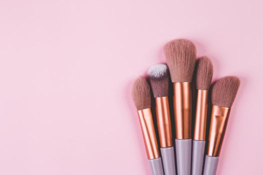 Collection of group makeup brush size with various isolated on pink background, set of make-up artist, no people, cut out, object about beauty of female.