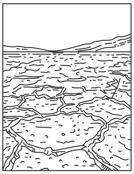 Mono line illustration of Badwater Basin in Death Valley National Park, Death Valley, Inyo County, California, United States of America done in retro black and white monoline line art style.