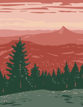 WPA poster art of Siskiyou Mountains located in Cascade-Siskiyou National Monument in Southwestern Oregon USA done in works project administration style or federal art project style.