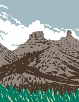 WPA poster art of Chimney Rock and Companion Rock within the Chimney Rock National Monument part of San Juan National Forest in Colorado United States done in works project administration style.