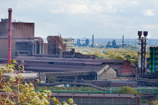 Industrial landscape of steel works industry in Duisburg, Ruhr area, Germany, Europe