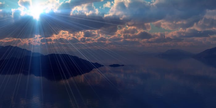 above islands in sea sunset, illustration 3d rendering