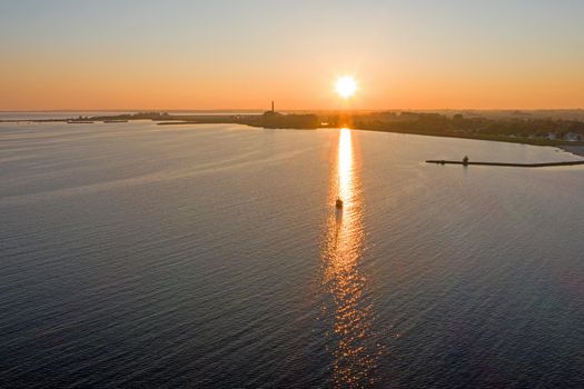 Aerial from a beautiful sunset at the IJsselmeer near Lemmer in the Netherlands
