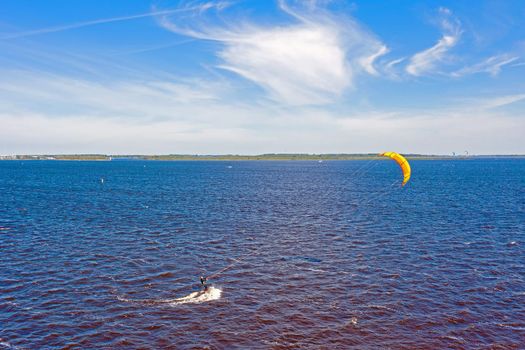 Aerial from kite surfing on Lauwersmeer in Friesland the Netherlands
