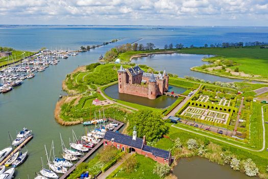 Aerial from the medieval Muiderslot castle at the IJsselmeer in the Netherlands