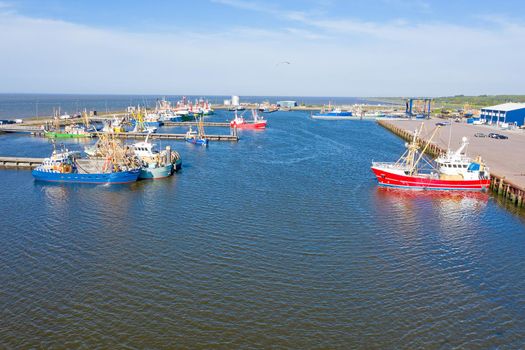 Aerial from the fishing harbor in Lauwersoog Friesland the Netherlands